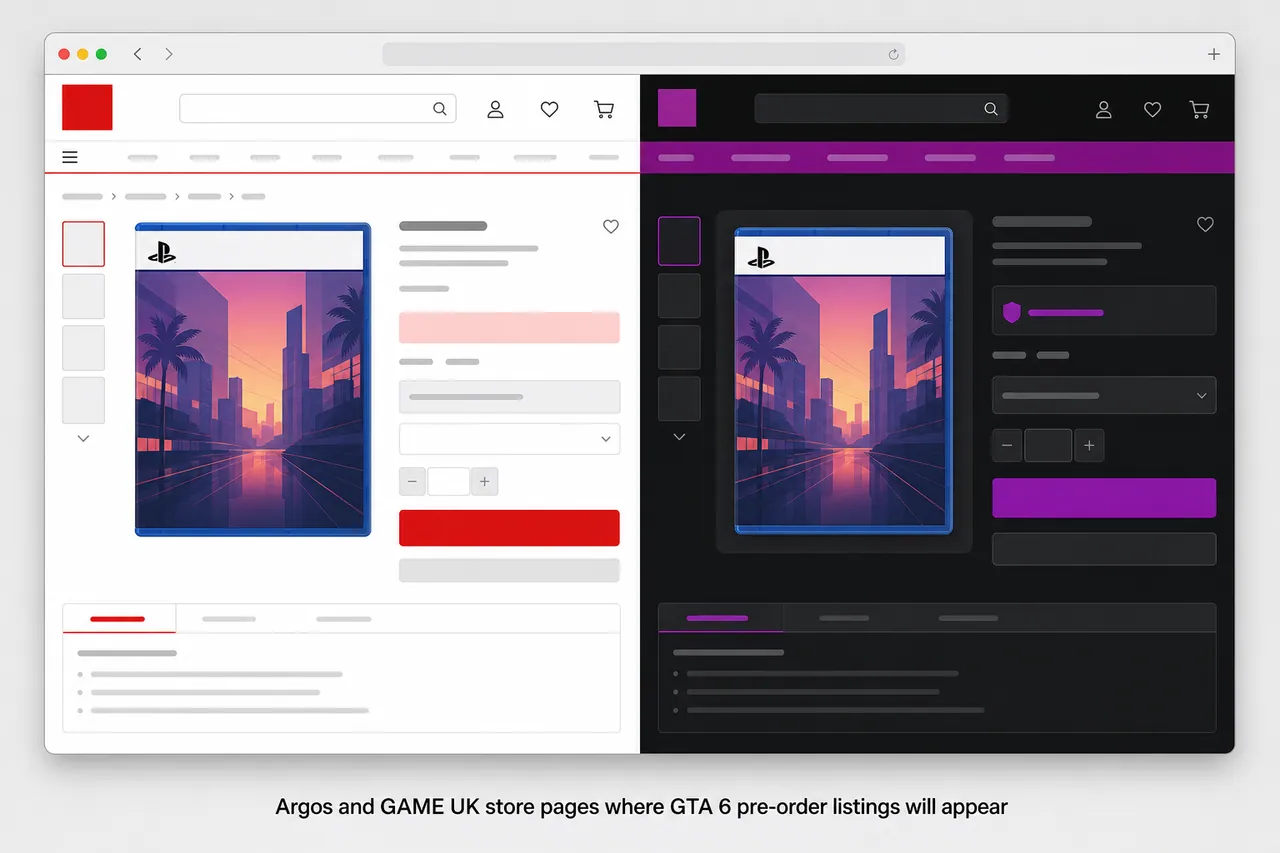Argos and GAME UK store pages where GTA 6 pre-order listings will appear