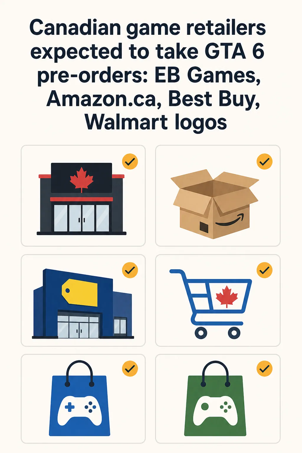 Canadian game retailers expected to take GTA 6 pre-orders: EB Games, Amazon.ca, Best Buy, Walmart logos