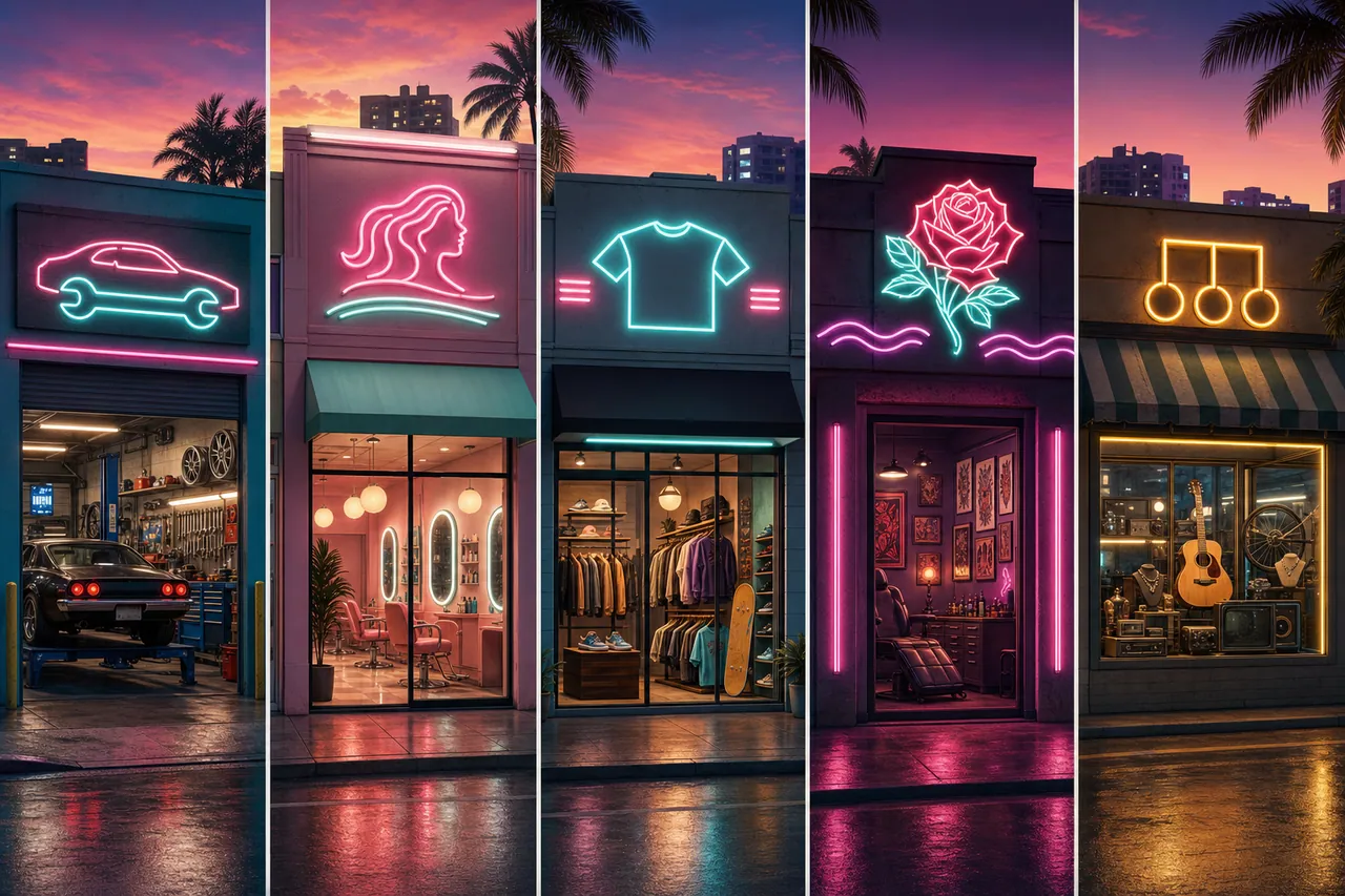 Collage of the five exclusive GTA 6 Ultimate Edition shopfronts in Vice City