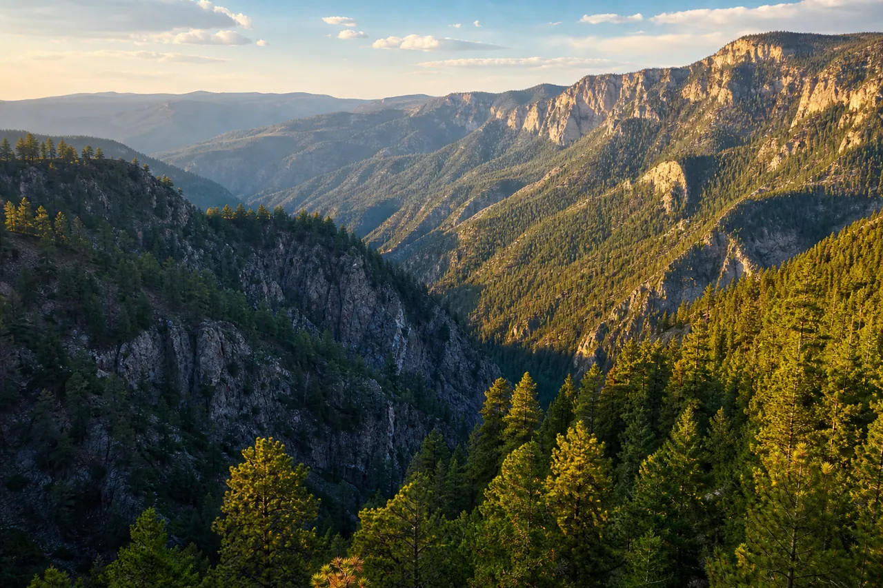 Dense highland forest with canyon ridgelines and a pine-covered mountain park, golden afternoon light