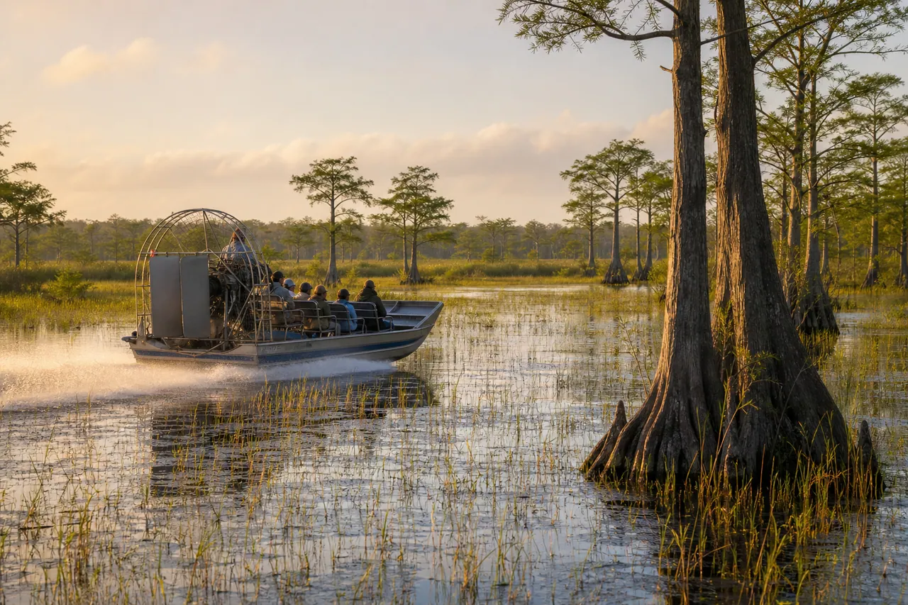 Everglades swamp with an airboat skimming across shallow water past cypress trees