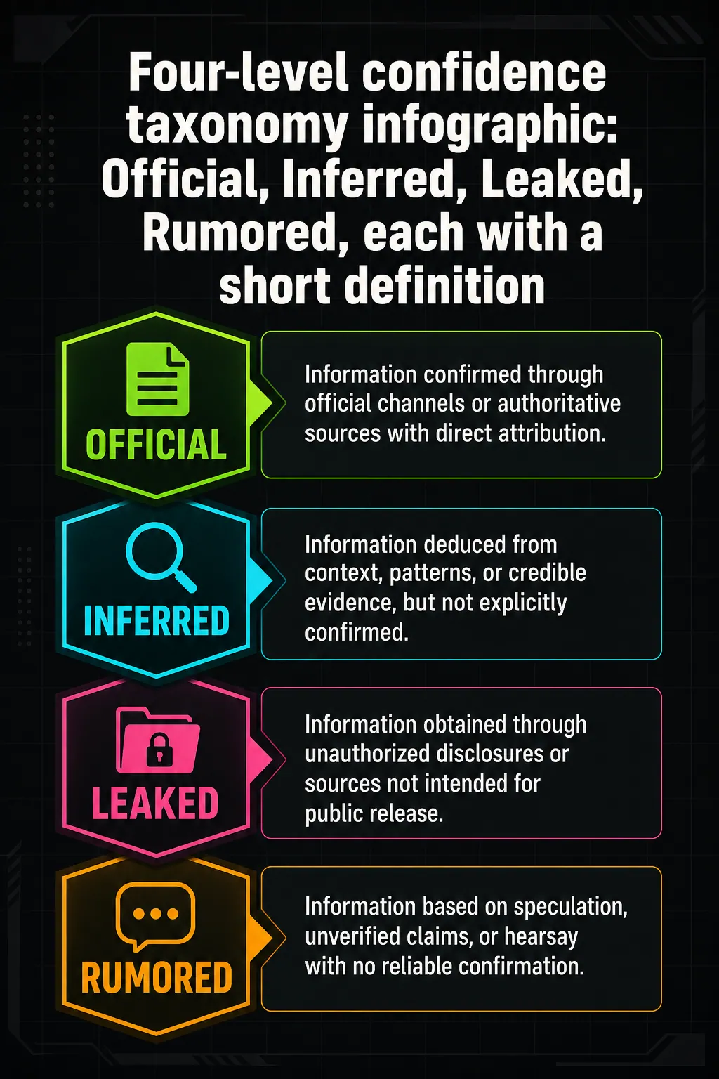 Four-level confidence taxonomy infographic: Official, Inferred, Leaked, Rumored, each with a short definition