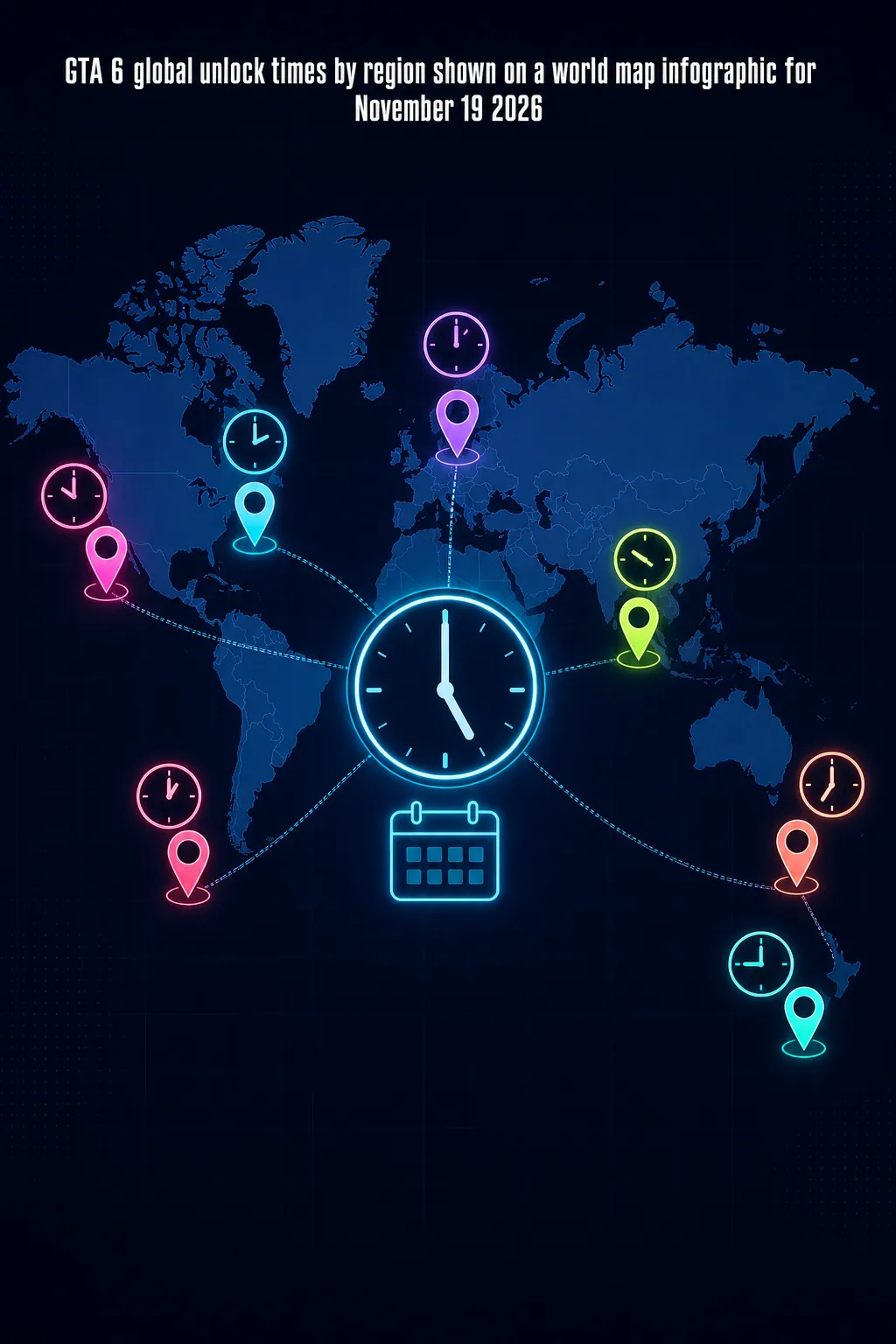 GTA 6 global unlock times by region shown on a world map infographic for November 19 2026