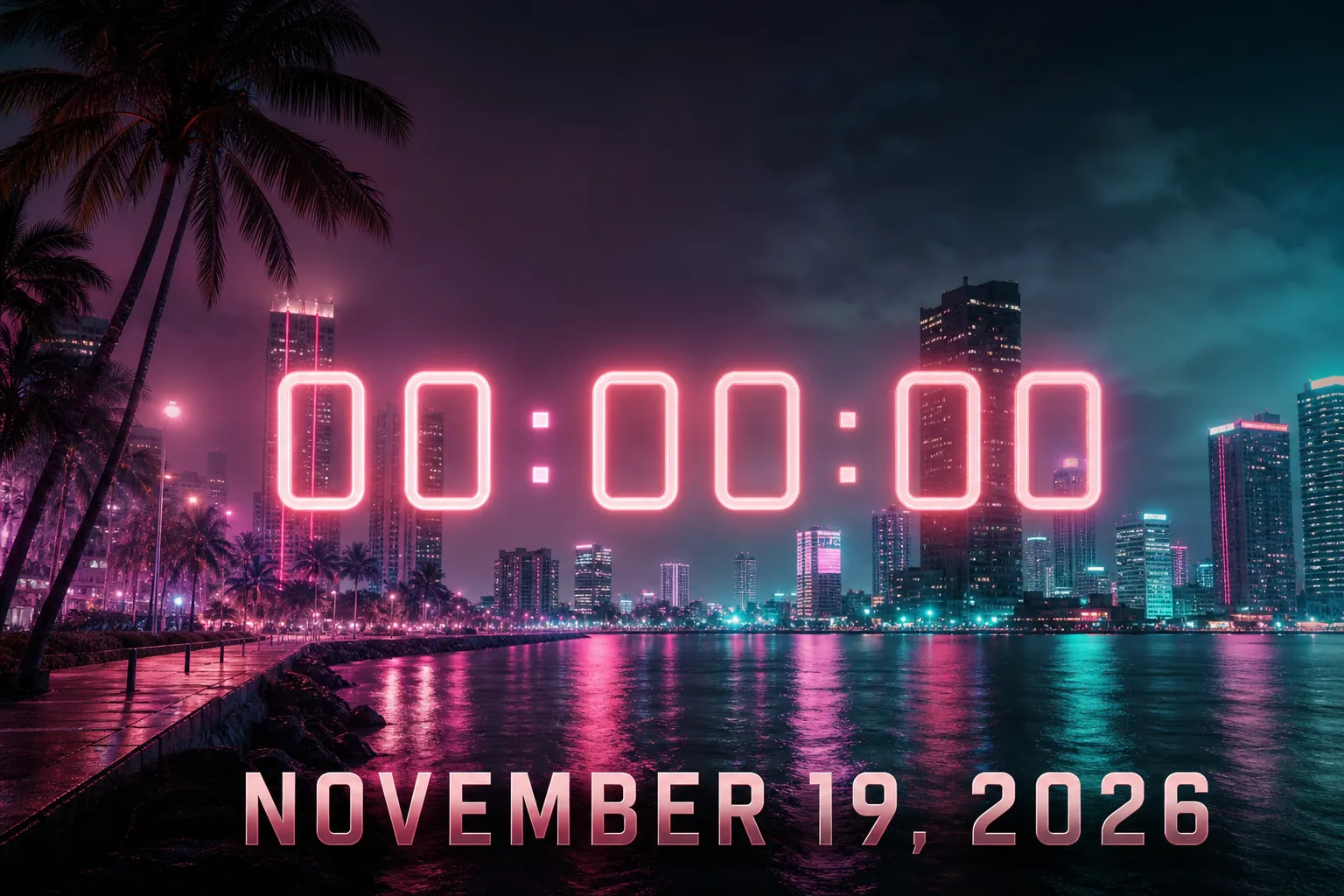 GTA 6 launch time countdown for November 19 2026, neon Vice City skyline at night with a glowing timer overlay