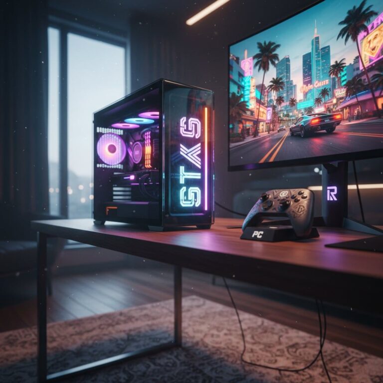 GTA 6 console vs PC release comparison — PS5 controller and gaming PC setup side by side with question mark