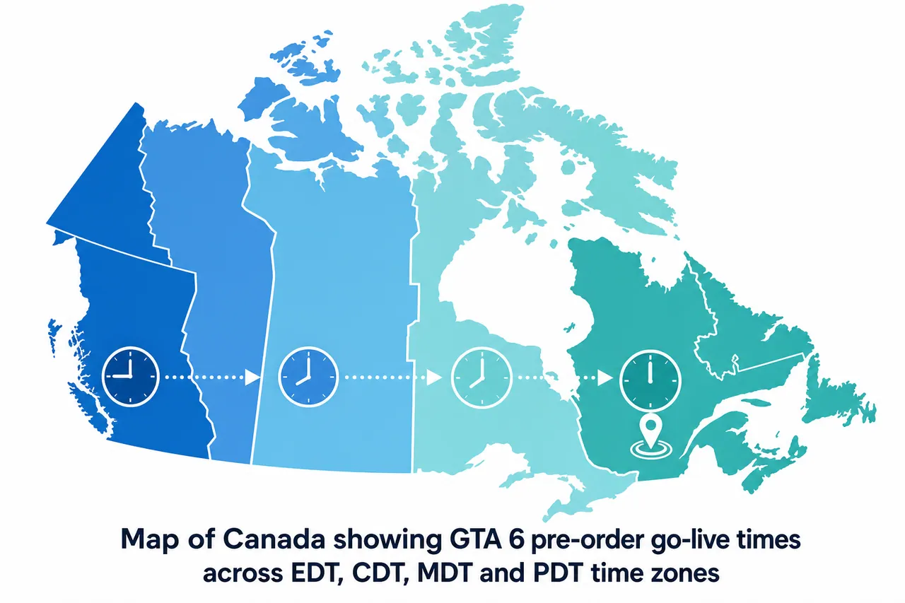 Map of Canada showing GTA 6 pre-order go-live times across EDT, CDT, MDT and PDT time zones