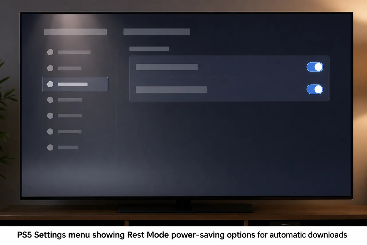 PS5 Settings menu showing Rest Mode power-saving options for automatic downloads
