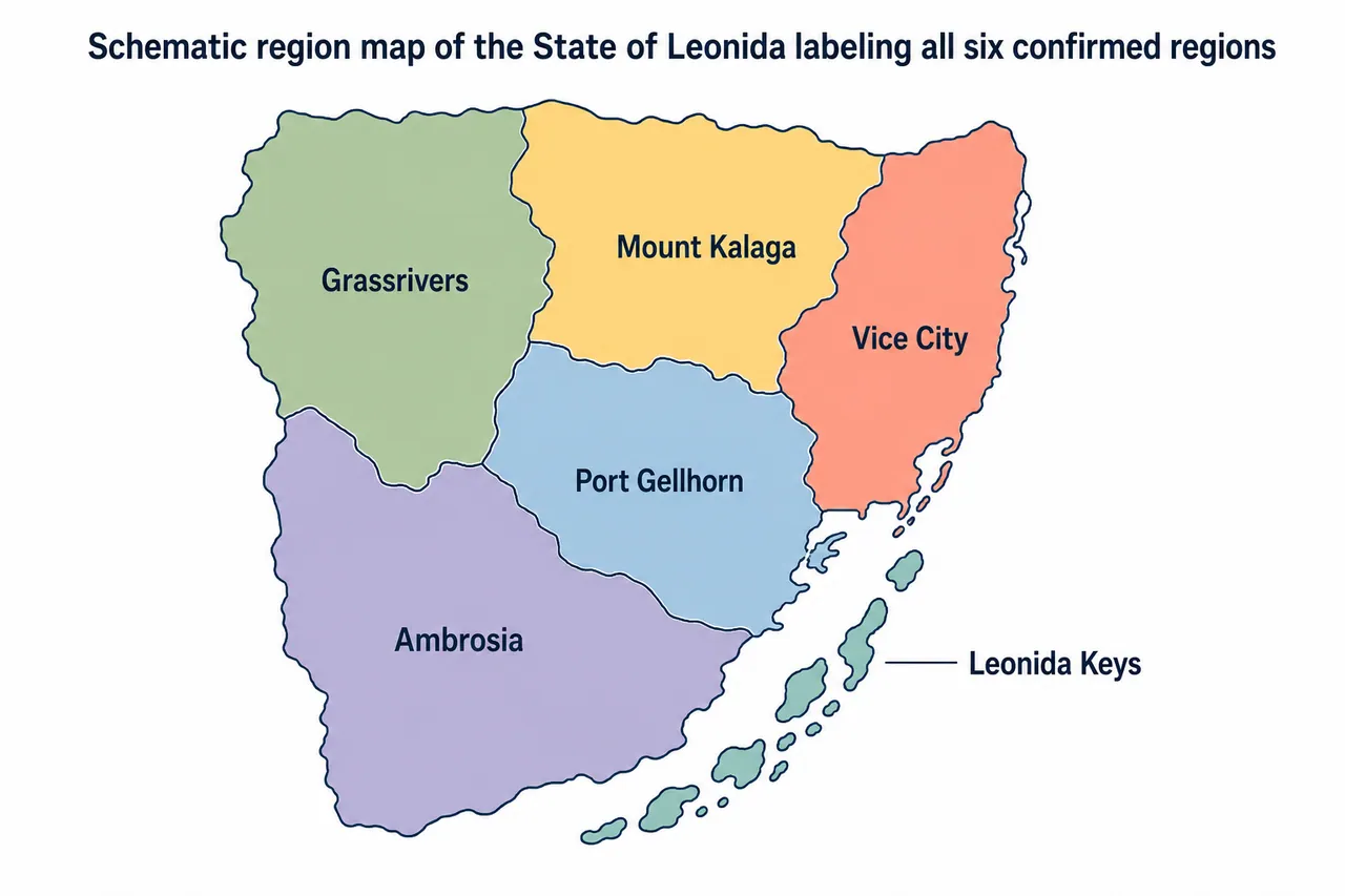 Schematic region map of the State of Leonida labeling all six confirmed regions