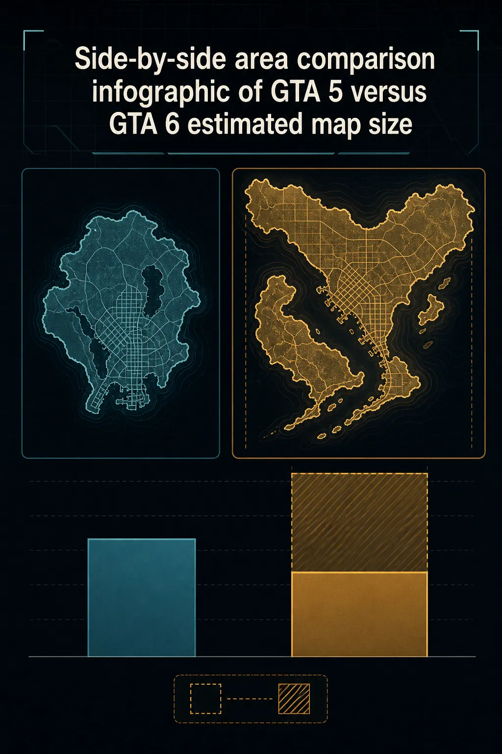 Side-by-side area comparison infographic of GTA 5 versus GTA 6 estimated map size