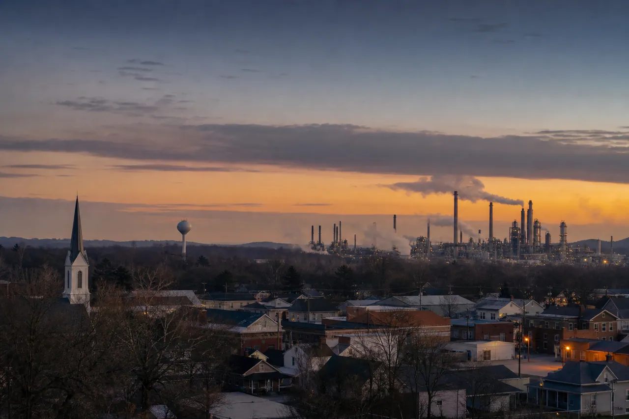 Small American company town with a large industrial sugar refinery on the edge of town at dawn