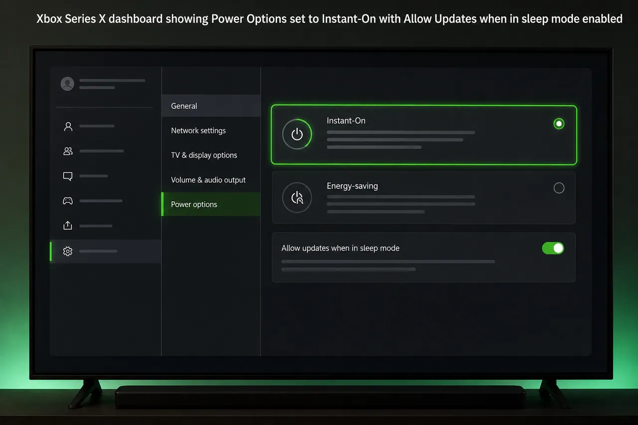 Xbox Series X dashboard showing Power Options set to Instant-On with Allow Updates when in sleep mode enabled